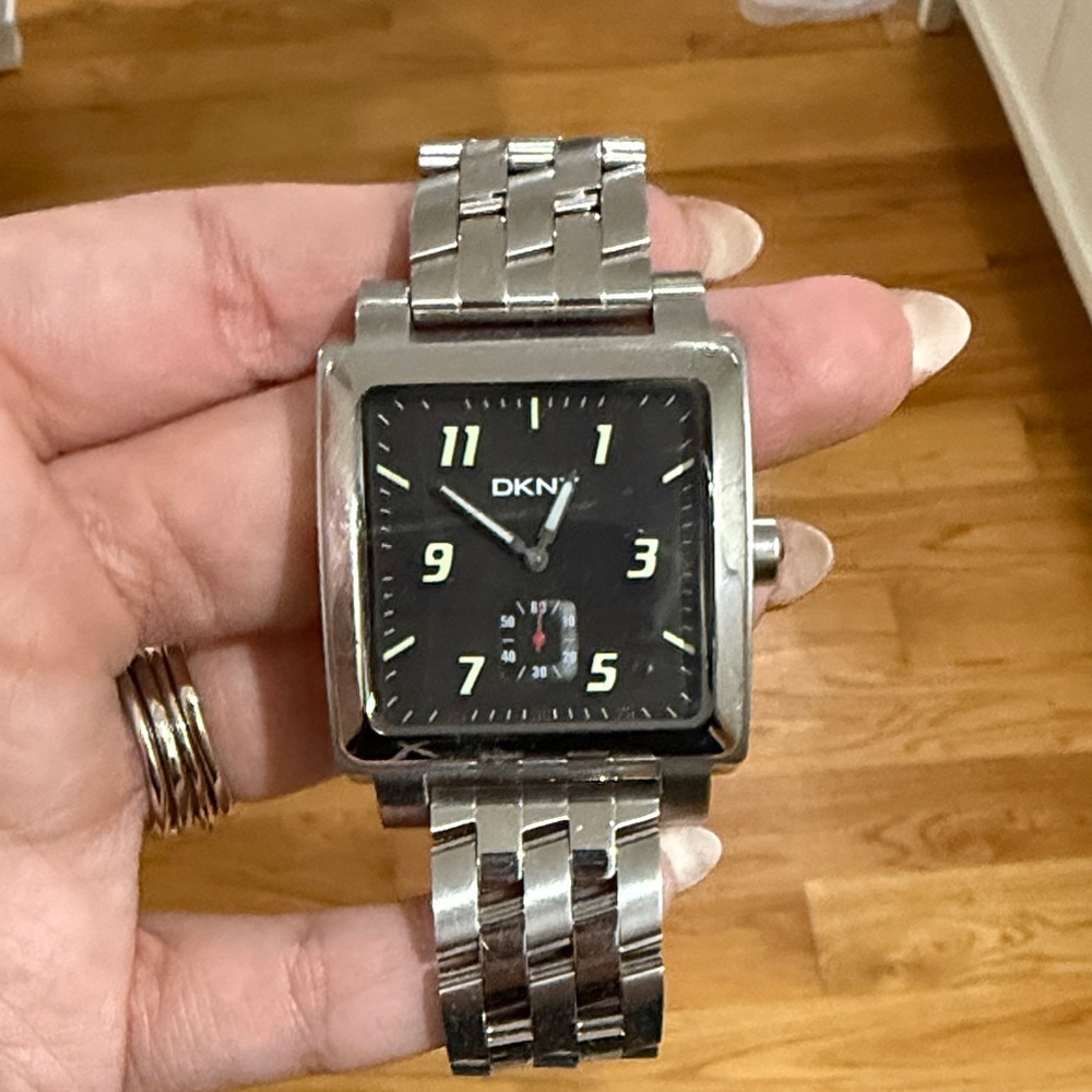 DKNY Men's Silver Tank Watch with Black Face